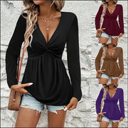 Chic V-Neck Twist-Knit Long-Sleeve Top