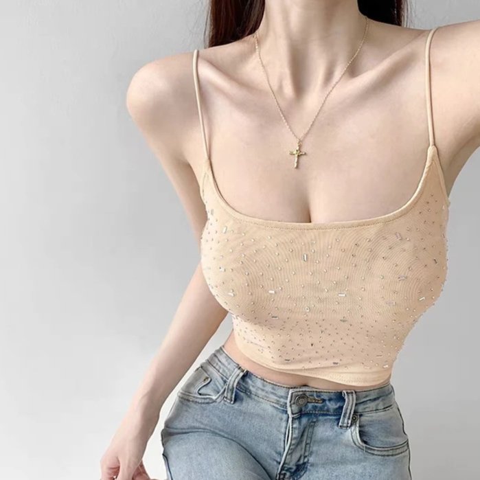 High-Waisted Mesh Cami Top with Polka Dots