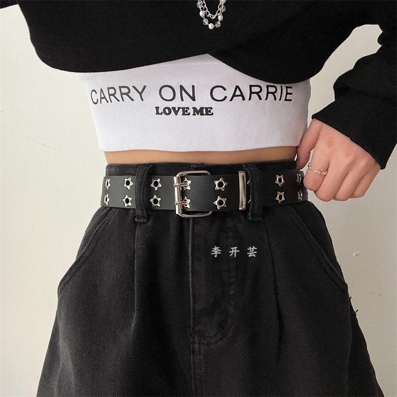 Casual Punk Leather Belt for Women - Double-Row Eyelet Design
