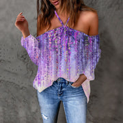 Chic Strappy Neck Long-Sleeve Print T-Shirt
