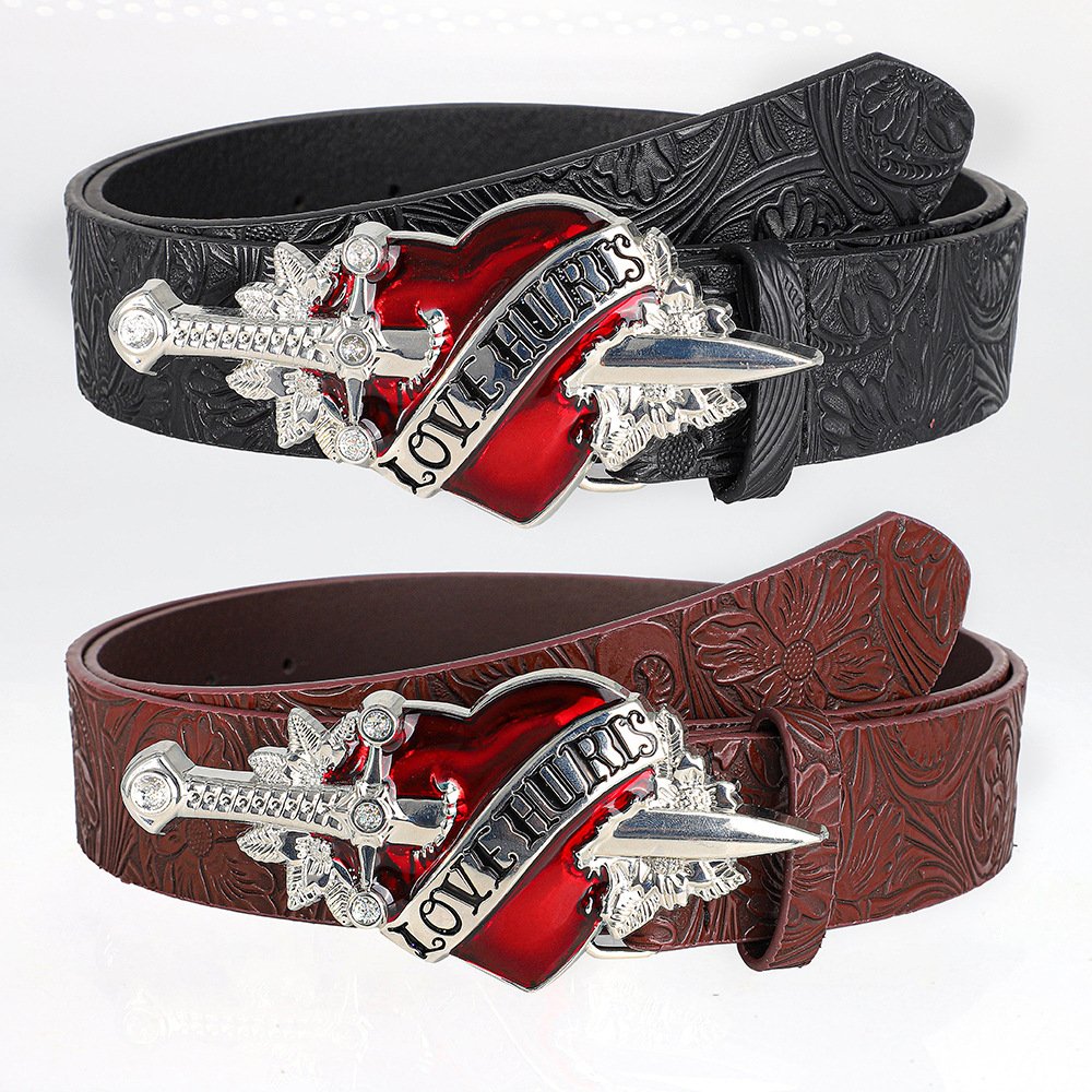 Retro Embossed Heart-buckle Belt - Personalized Edgy Goth Leather Accessory