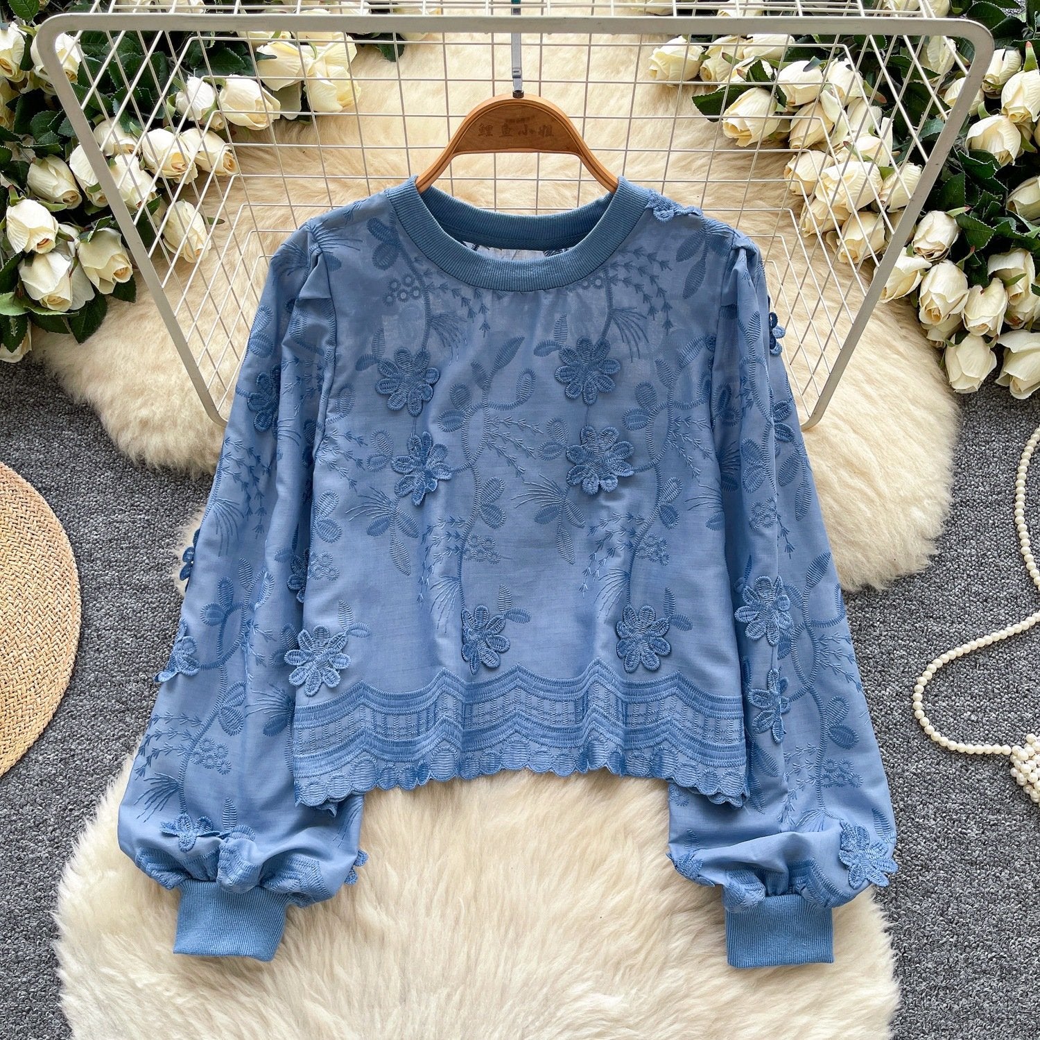 Chic Lantern-Sleeve Embroidered Crewneck Sweatshirt