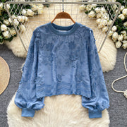 Chic Lantern-Sleeve Embroidered Crewneck Sweatshirt