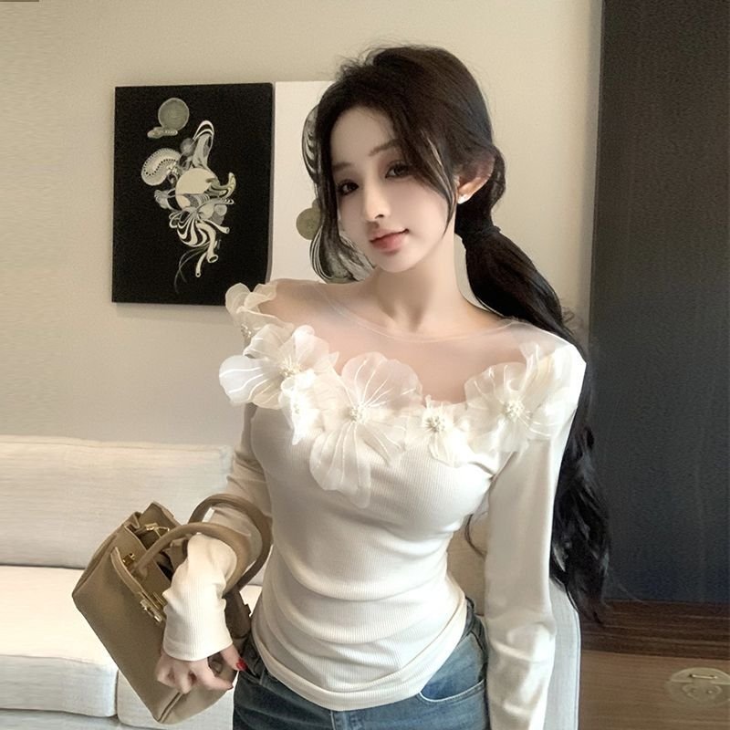 Women's Lace Floral Slim-Fit Long-Sleeve T-Shirt