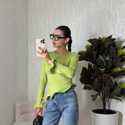 Asymmetrical Ruffled Long-Sleeve Slim Fit Tee