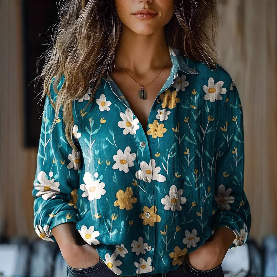 Floral Print Long-Sleeve Linen Casual Blouse