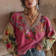 Floral Embroidered V-Neck Long-Sleeve Top