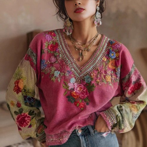 Floral Embroidered V-Neck Long-Sleeve Top