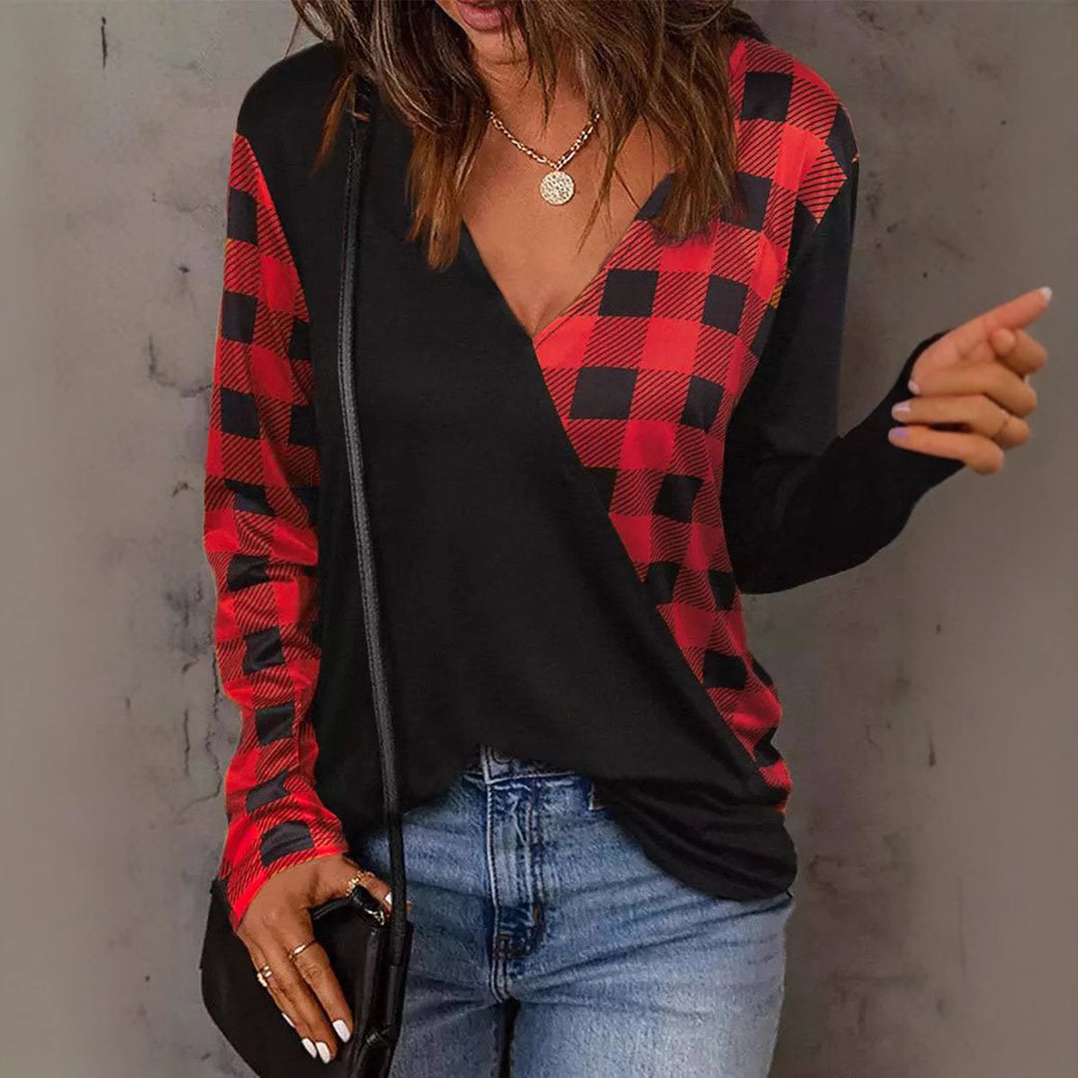 Chic Plaid V-Neck Long-Sleeve Casual Top for Women