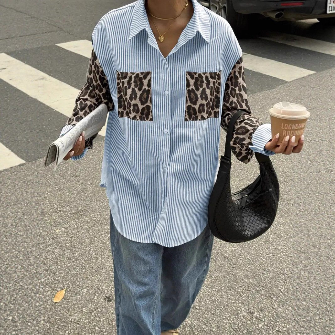 Leopard Patchwork Striped Casual Long-Sleeve Shirt