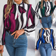 Chic Striped Lantern-Sleeve Chiffon Blouse