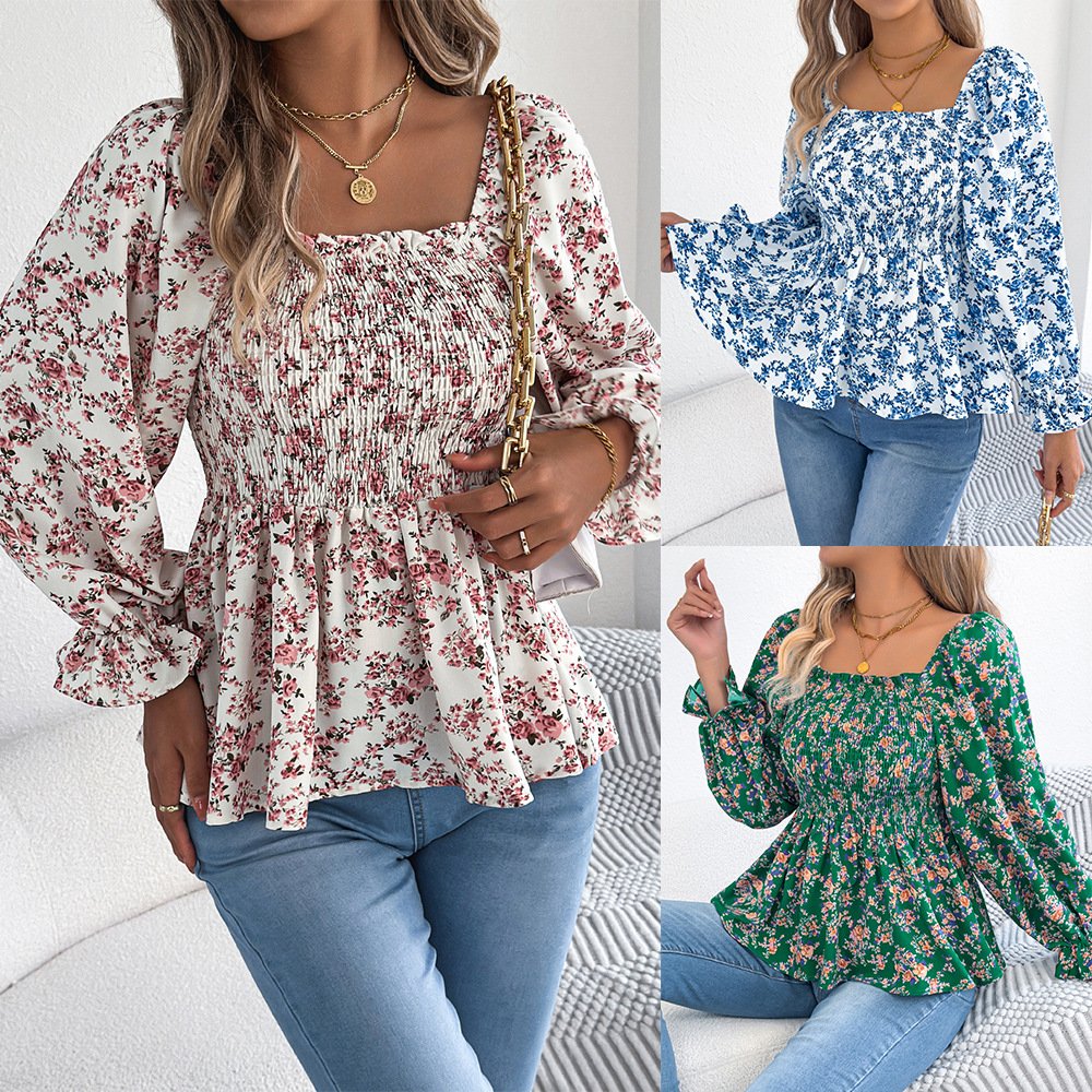 Chic Square-Neck Printed Top with Flared Sleeves
