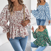 Chic Square-Neck Printed Top with Flared Sleeves