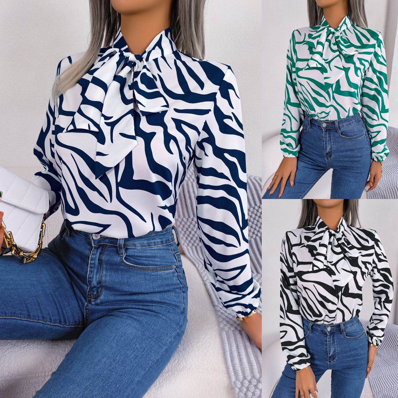 Elegant Contrast Stripe Lantern Sleeve Top
