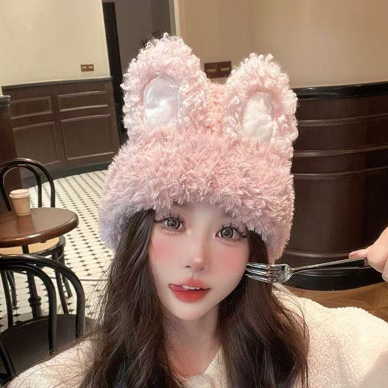Winter Bunny Ear Plush Hat for Women
