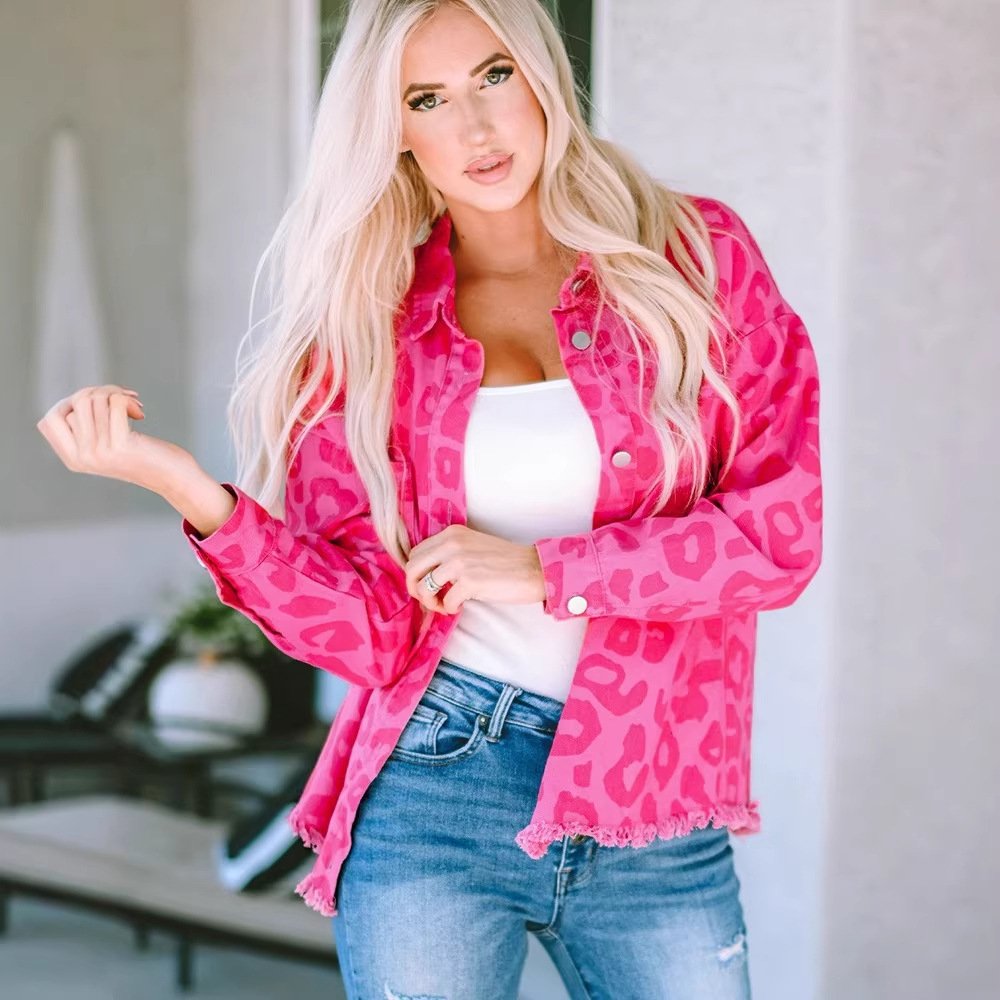 Leopard Print Denim Button-Up Jacket