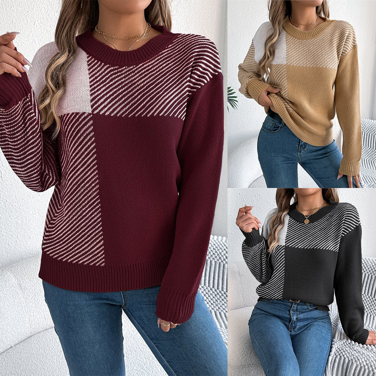 Color-Block Plaid Long-Sleeve Pullover Sweater