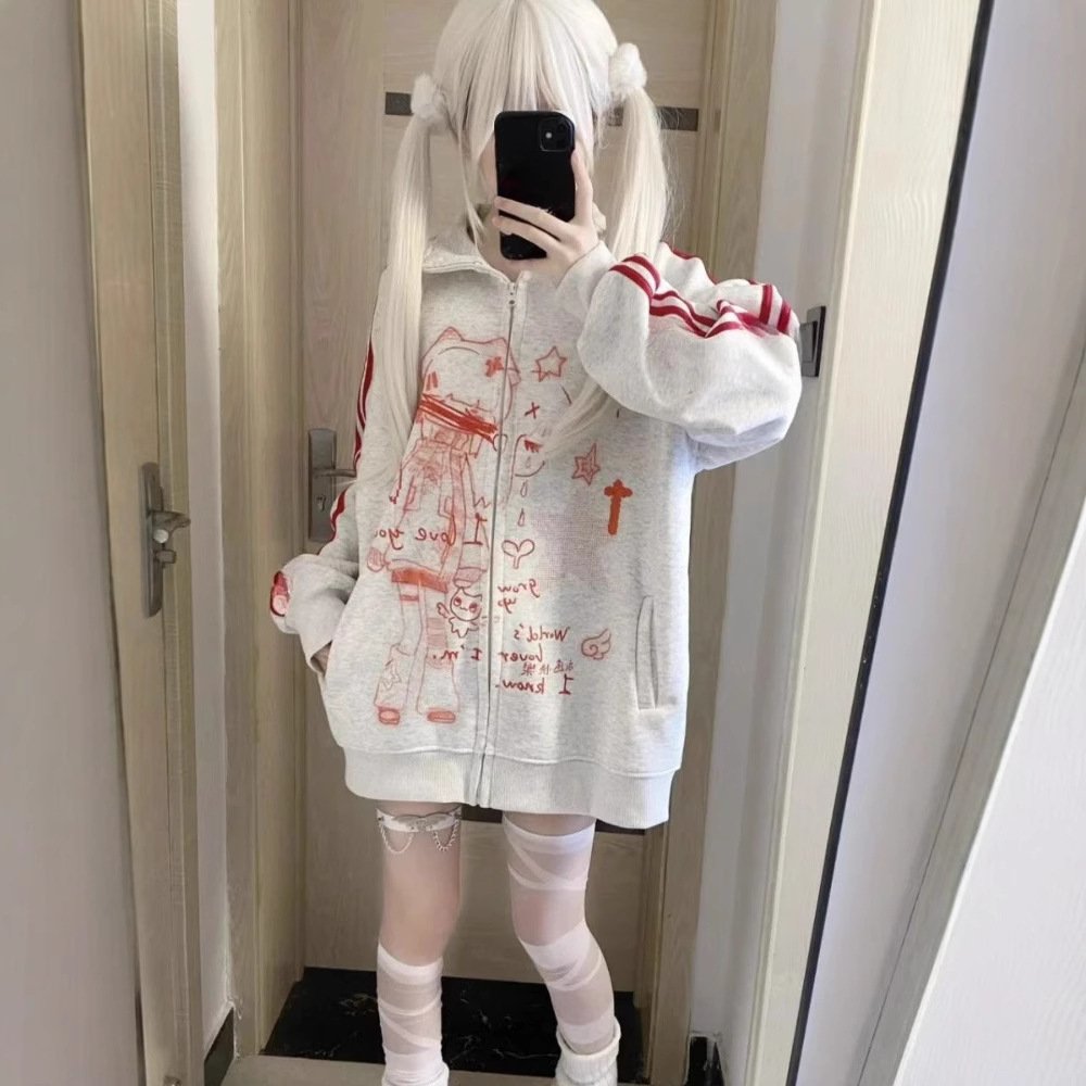 Anime Print Zip-Up Hoodie for Women