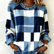 Plaid Panel Denim Crew Neck Loose Women's Sweatshirt
