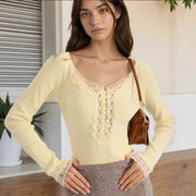 Elegant French Lace-Trimmed Long Sleeve Blouse
