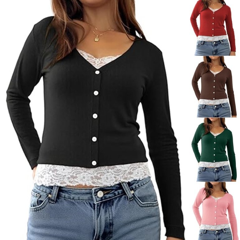 Women's Elegant Lace Fake Two-Piece Long-Sleeve Top