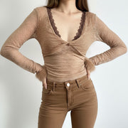 V-Neck Lace Twist Sweater: Fluffy Slim-Fit Top
