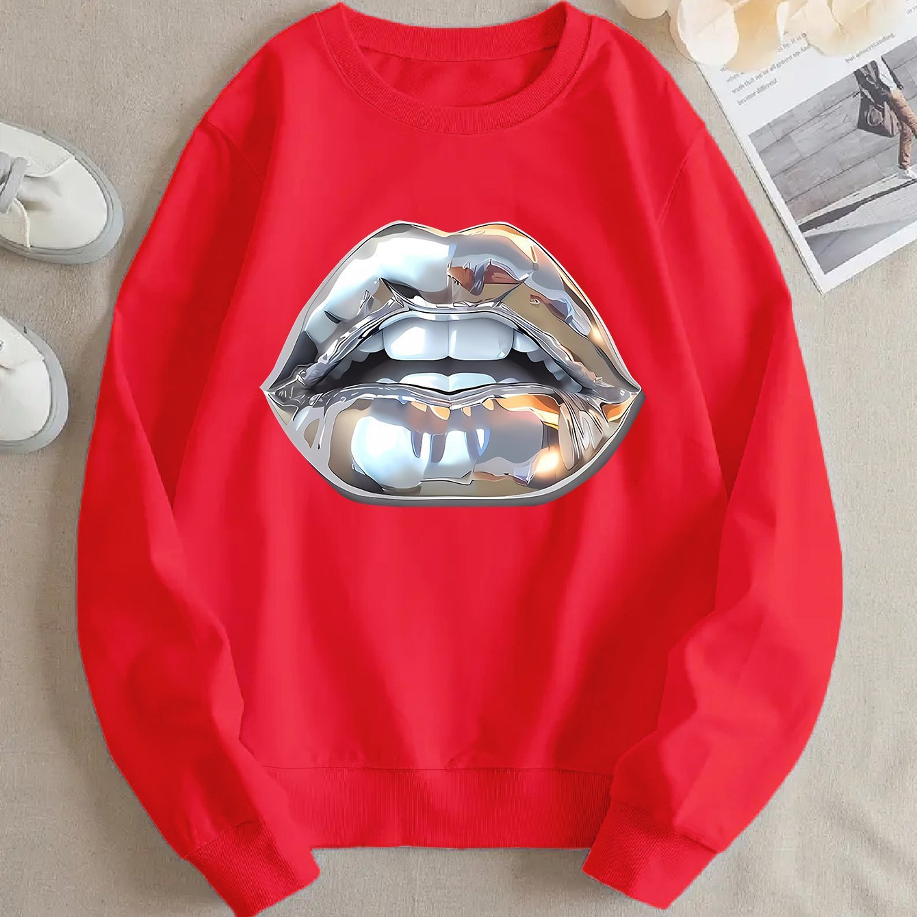 Fun Cartoon Lip Graphic Hoodie for Women