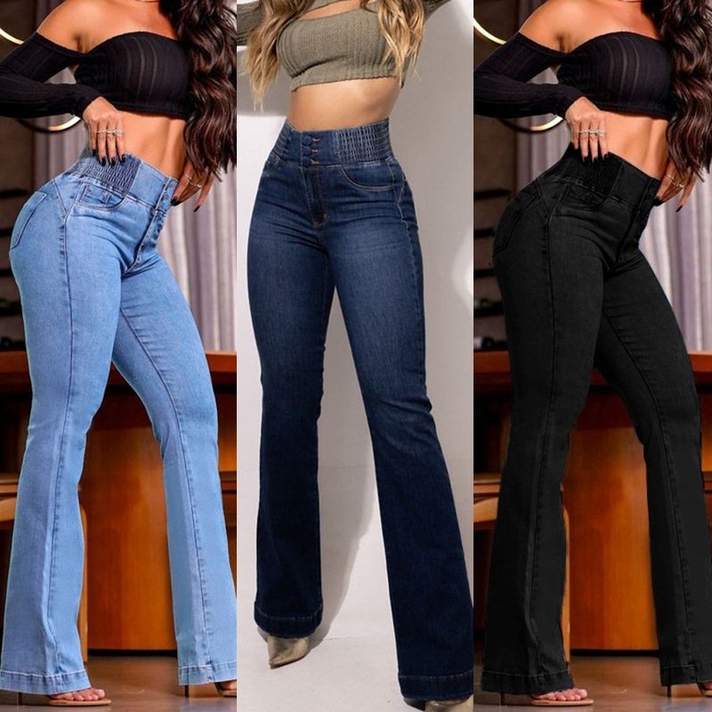 Slim-fit High-waist Denim Trousers with Flared Leg