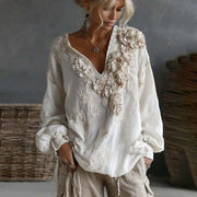 Women's Loose-Fit V-Neck Artistic Printed Long-Sleeve Top