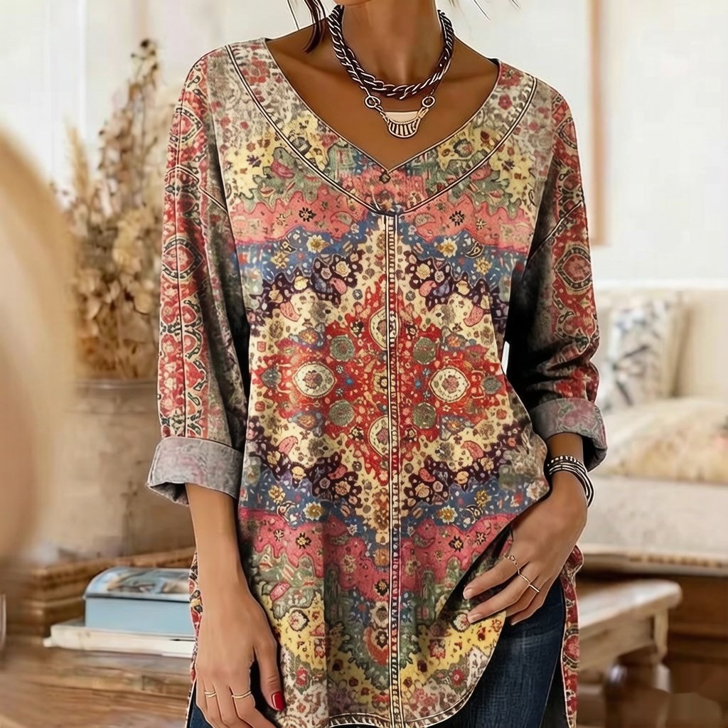 Retro Botanical Print Long-Sleeve Casual Top