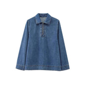 Women's Zip-Up Denim Shirt Trendy Long-Sleeve Top