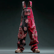Red Denim Striped Overalls for Women