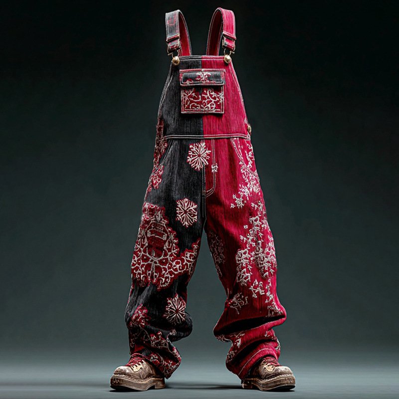 Red Denim Striped Overalls for Women