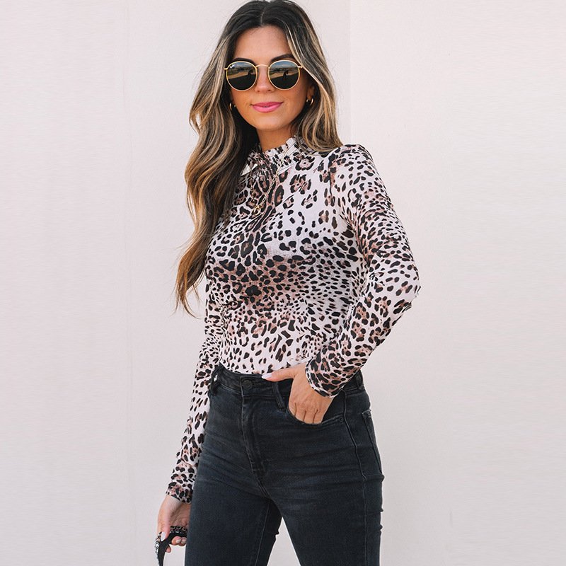 Leopard Print Long-Sleeve Crew Neck Jumpsuit