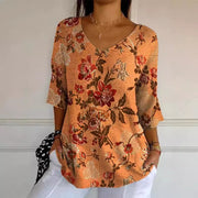 Retro Floral V-Neck Long-Sleeve Casual Women's Top