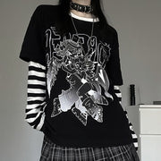 Anime Striped Mock Two-Piece Long Sleeve Shirt