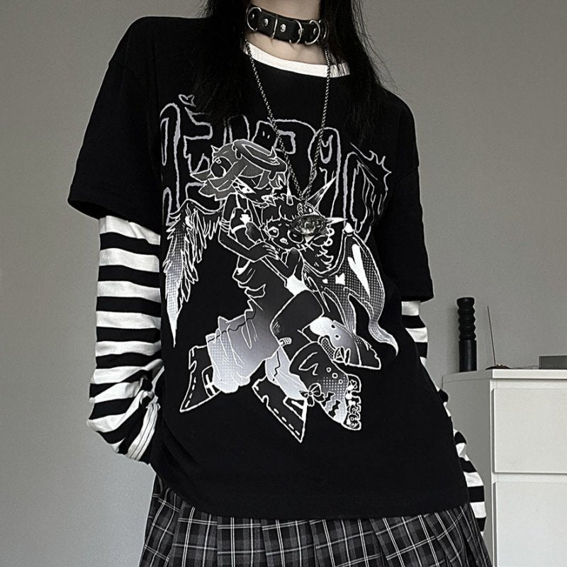 Anime Striped Mock Two-Piece Long Sleeve Shirt