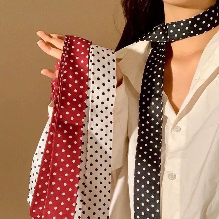 Polka Dot Silk Scarf for Women - Classic Korean Style