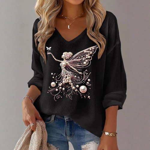 Womens Printed Loose V-Neck Top Casual Waffle Shirt
