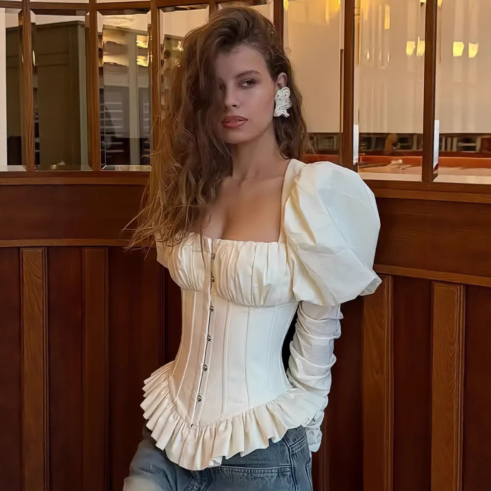 Chic 3D Bubble Sleeve Cropped Top with Cinched Waist