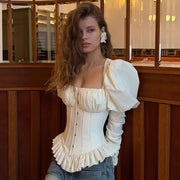 Chic 3D Bubble Sleeve Cropped Top with Cinched Waist
