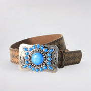 Vintage Embossed Belt with Antique Silver and Blue Turquoise Alloy Buckle