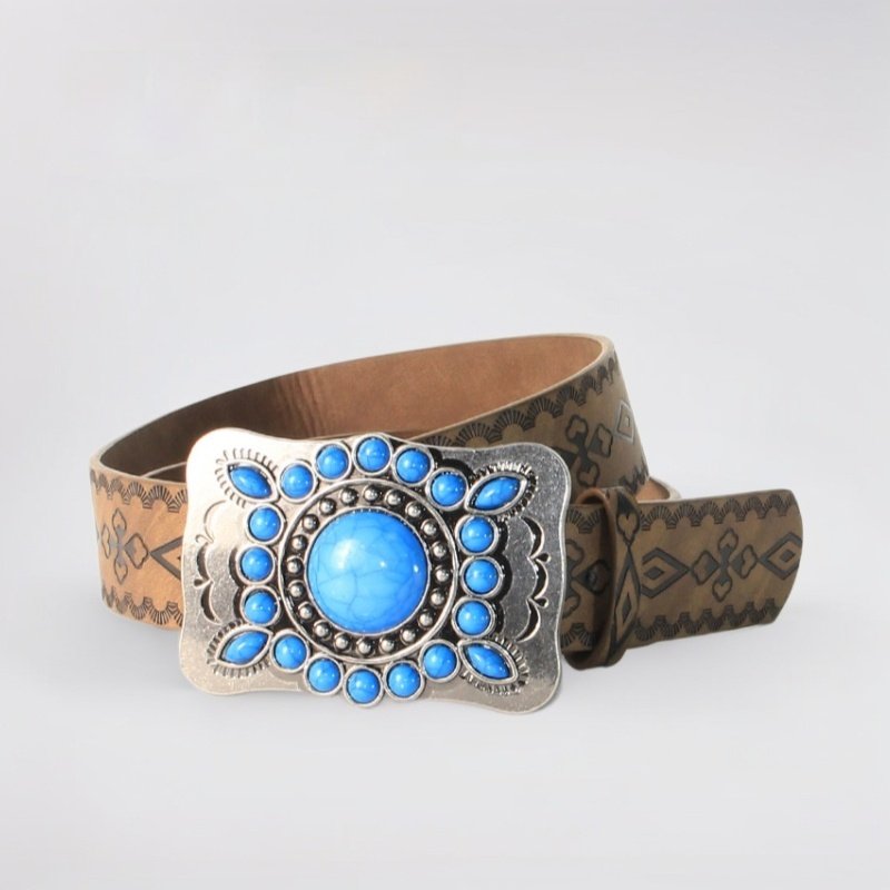 Vintage Embossed Belt with Antique Silver and Blue Turquoise Alloy Buckle