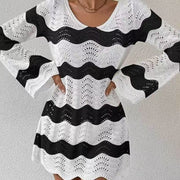 Women's Striped Openwork Knit Long-Sleeve Beach Top