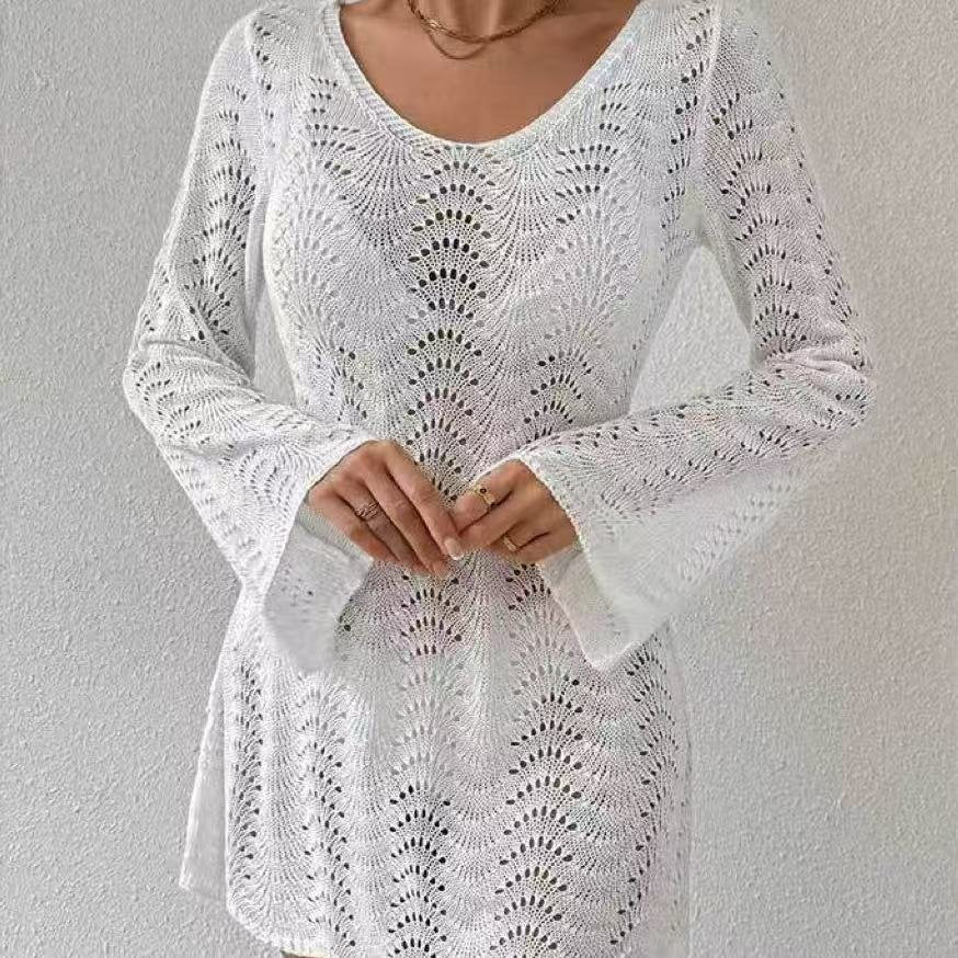 Women's Openwork Knit Long-Sleeve Beach Cover-Up
