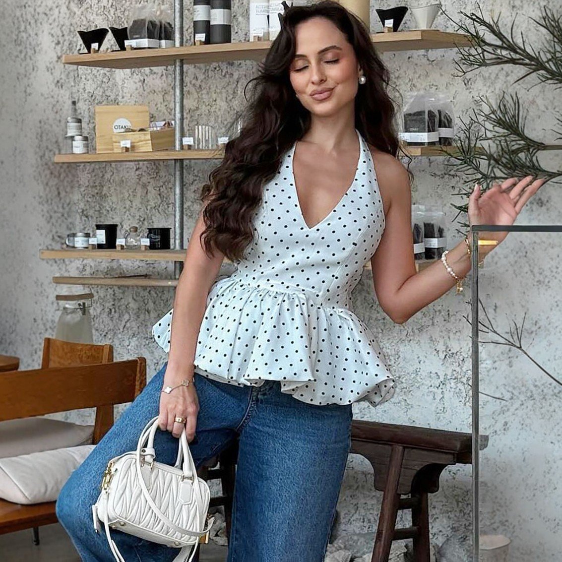 Polka Dot Halter Top with Ruffled Hem - Women's Fashion Top