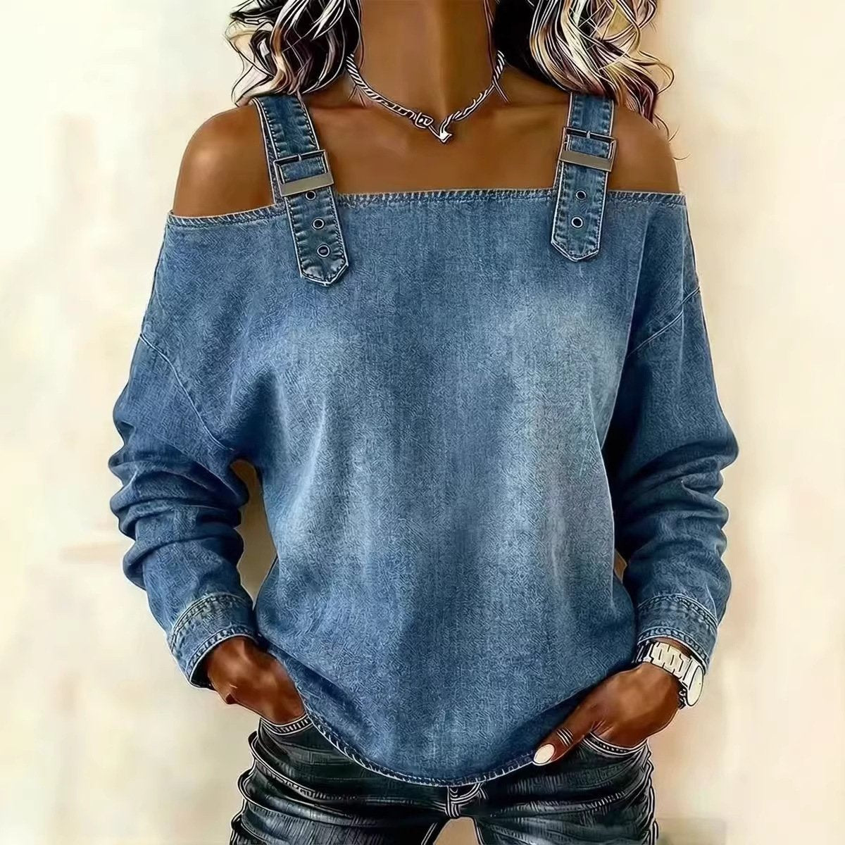 Cozy Off-Shoulder Long-Sleeve Denim-Look Top