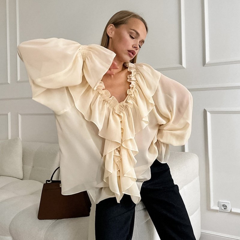 Elegant Ruffled Chiffon V-Neck Flare Sleeve Blouse
