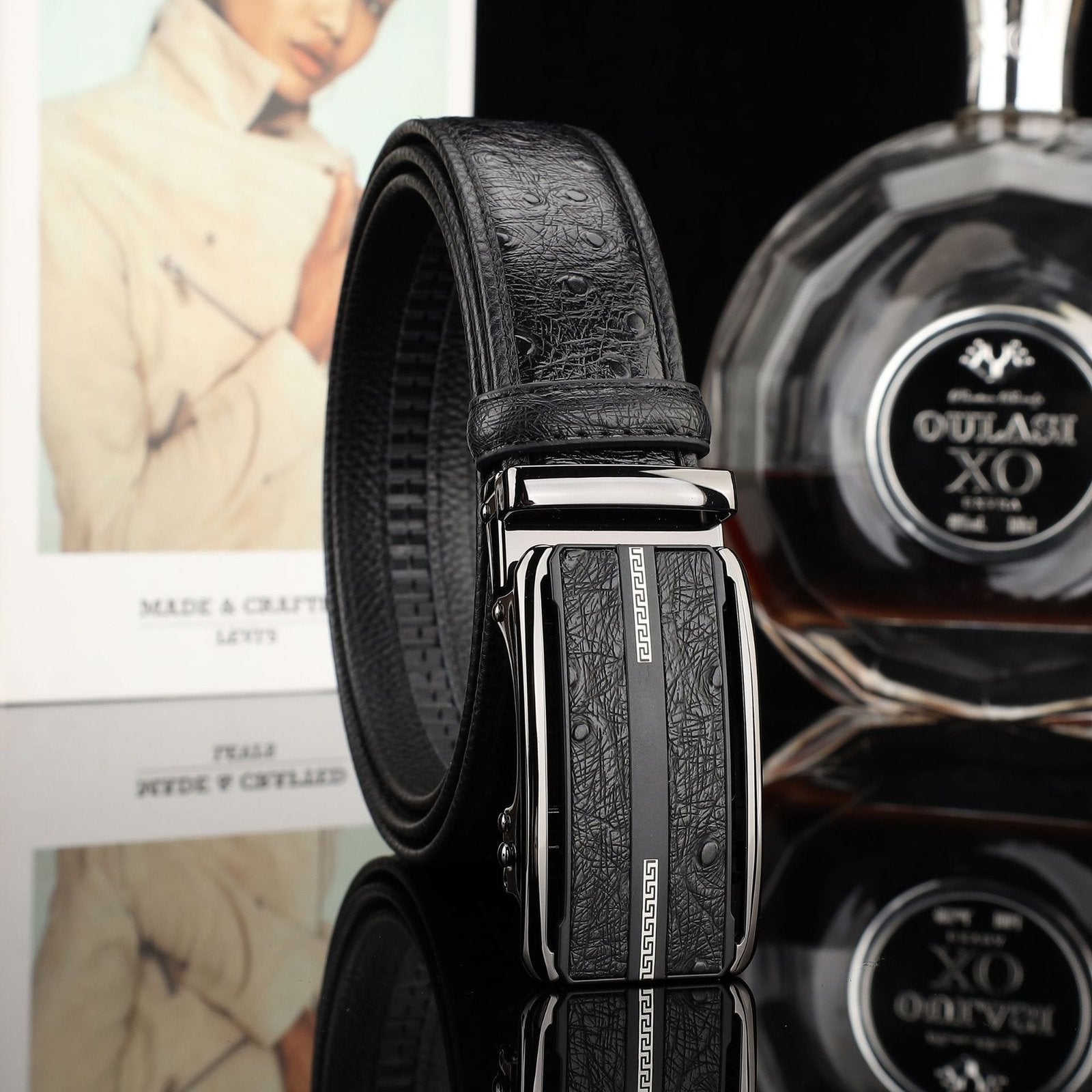 Ostrich-Print Genuine Leather Automatic Buckle Belt