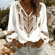 Plus Size V-Neck Long-Sleeve Printed Top